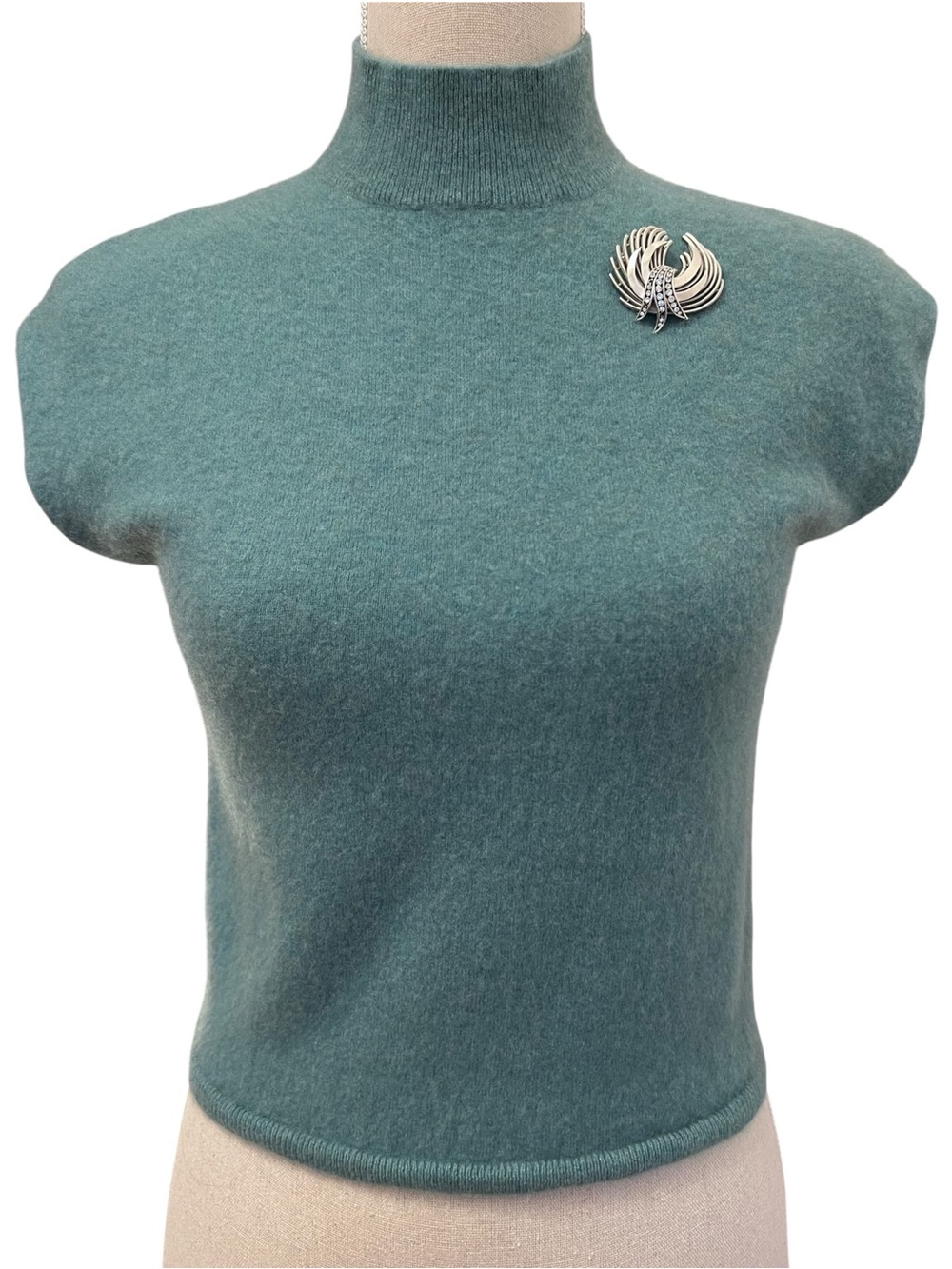 H Halston Teal Minimalist Cashmere Mock Neck Cap Sleeve Sweater Size XS/SM